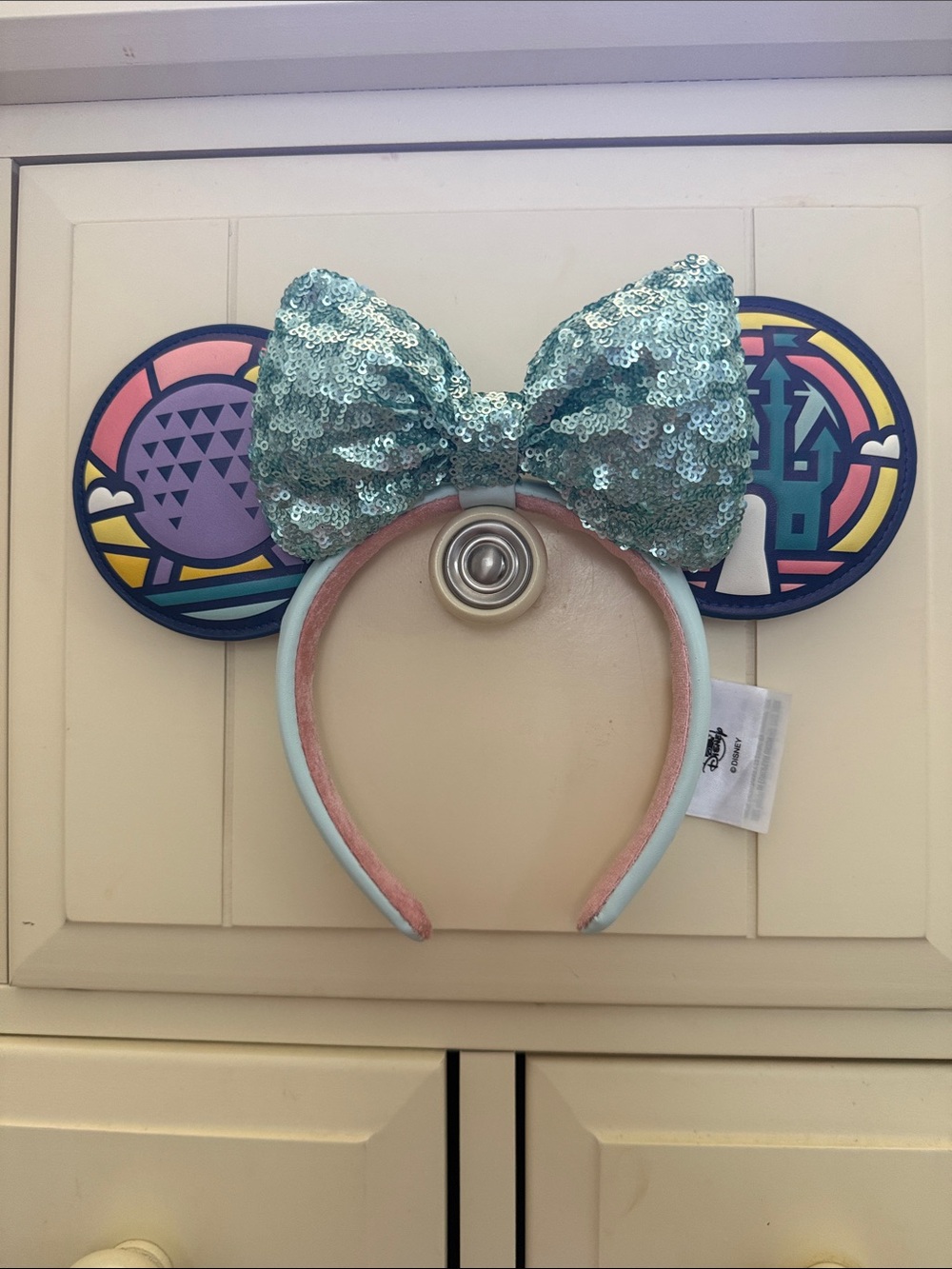 Disney Sequin Mint Green Bow Mouse Ear Headband with Pastel Patterned Ears